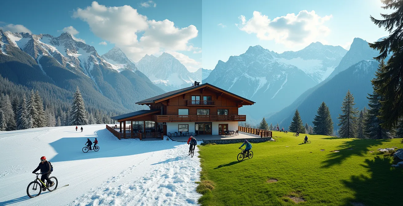 Vue aérienne d'une station de montagne suisse montrant les activités des quatre saisons