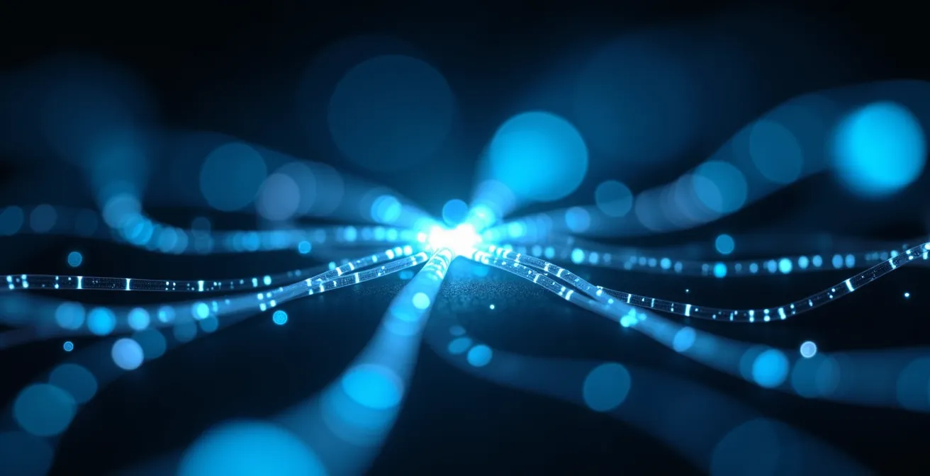 Vue macro de connexions neuronales symbolisées par des fils lumineux interconnectés