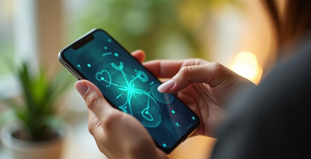 Femme utilisant une application de télémédecine sur smartphone dans un environnement domestique confortable