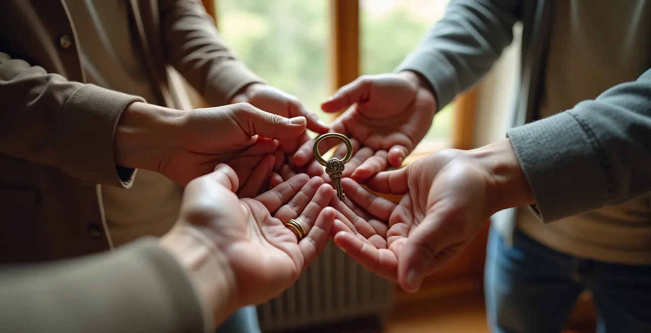 Mains de plusieurs générations échangeant symboliquement des clés de maison