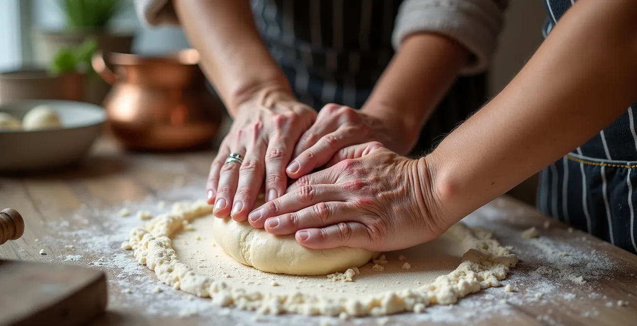 Grand-mère, mère et enfant préparant ensemble une tresse au beurre dans une cuisine suisse traditionnelle