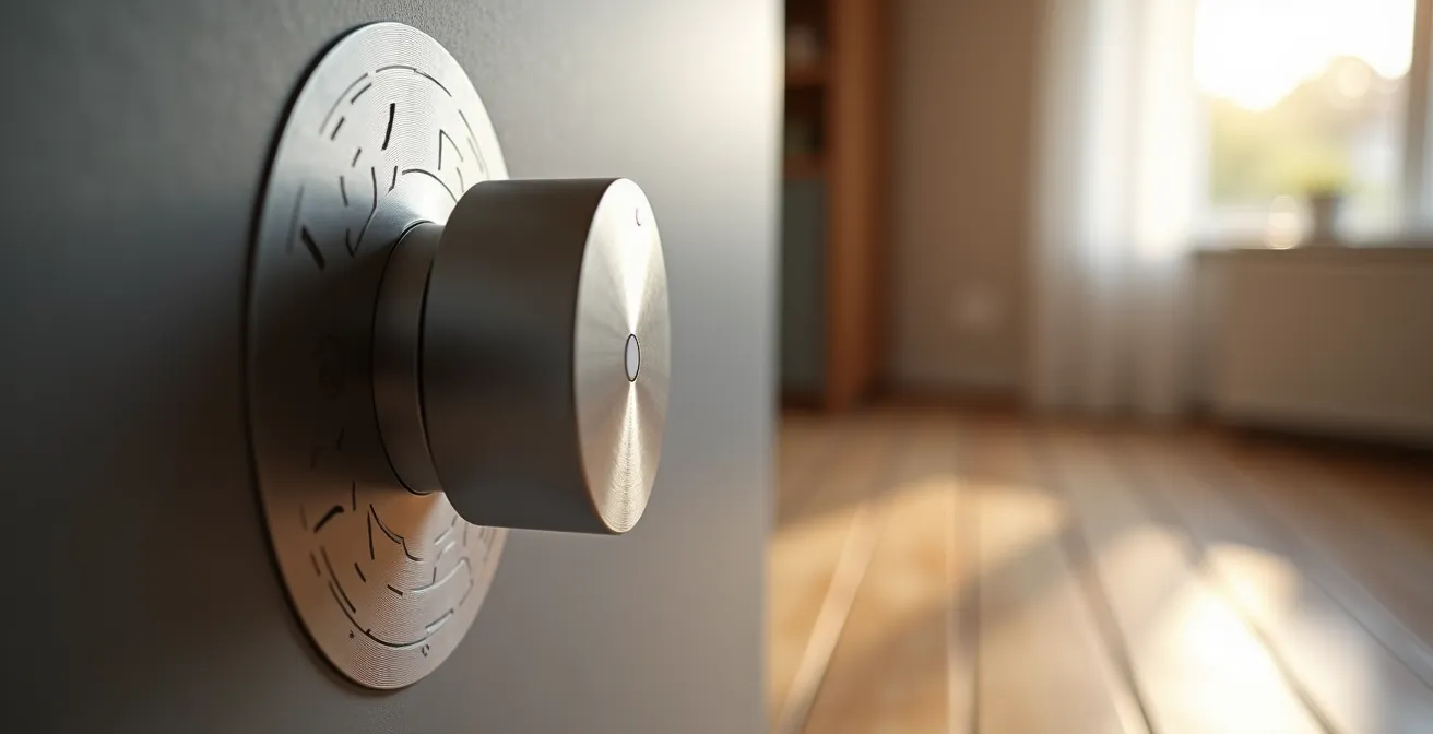 Vue macro d'une vanne thermostatique connectée moderne sur un radiateur