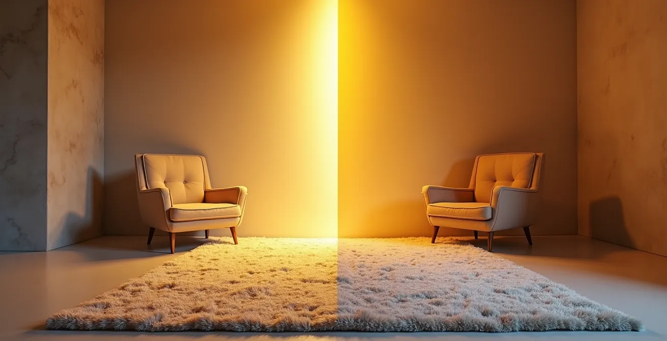 Salon avec zones distinctes créées par éclairage et tapis différenciés